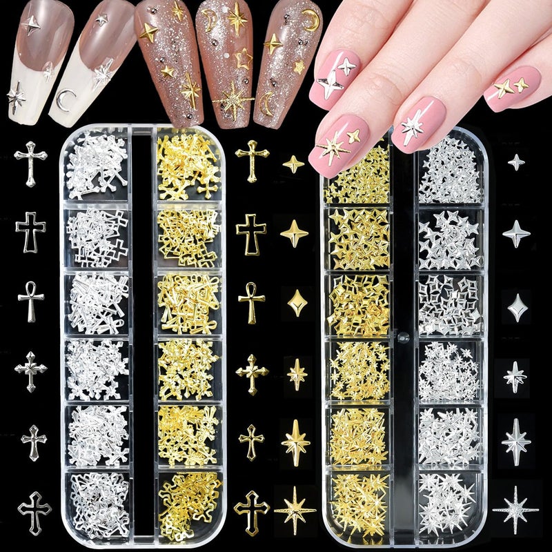 Star Cross Nail Charms  2 Boxes Nail Star Charms Art  Y2k Silver  Gold Cross Nail Art  Metal Nail Decoration Set  Nail Studs Star Cross Set